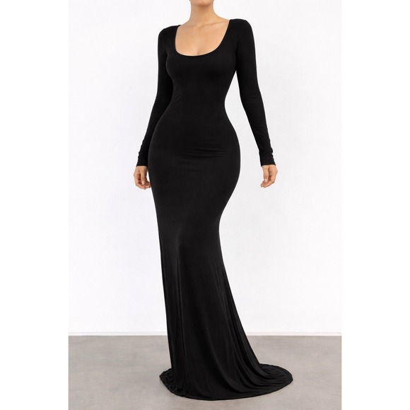 SKIMS Dresses & Skirts - Skims Black Long Sleeve Scoop Neck Rib Maxi Dress Women L Sexy Going Out Capsule